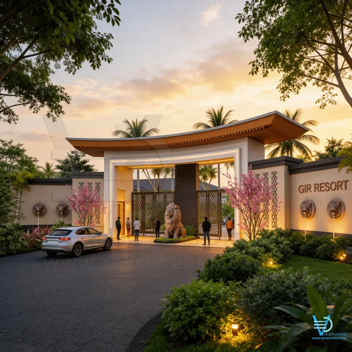 Illuminated architectural resort entrance